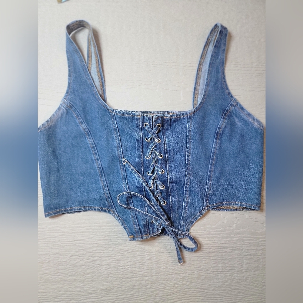 ♡ Lone Star Denim Lace-Up Cropped Tank Top - Blue, Medium‎ B-23